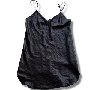 Secret Treasures Vintage Black Satin Slip Dress – Size Medium | Lace Trim |